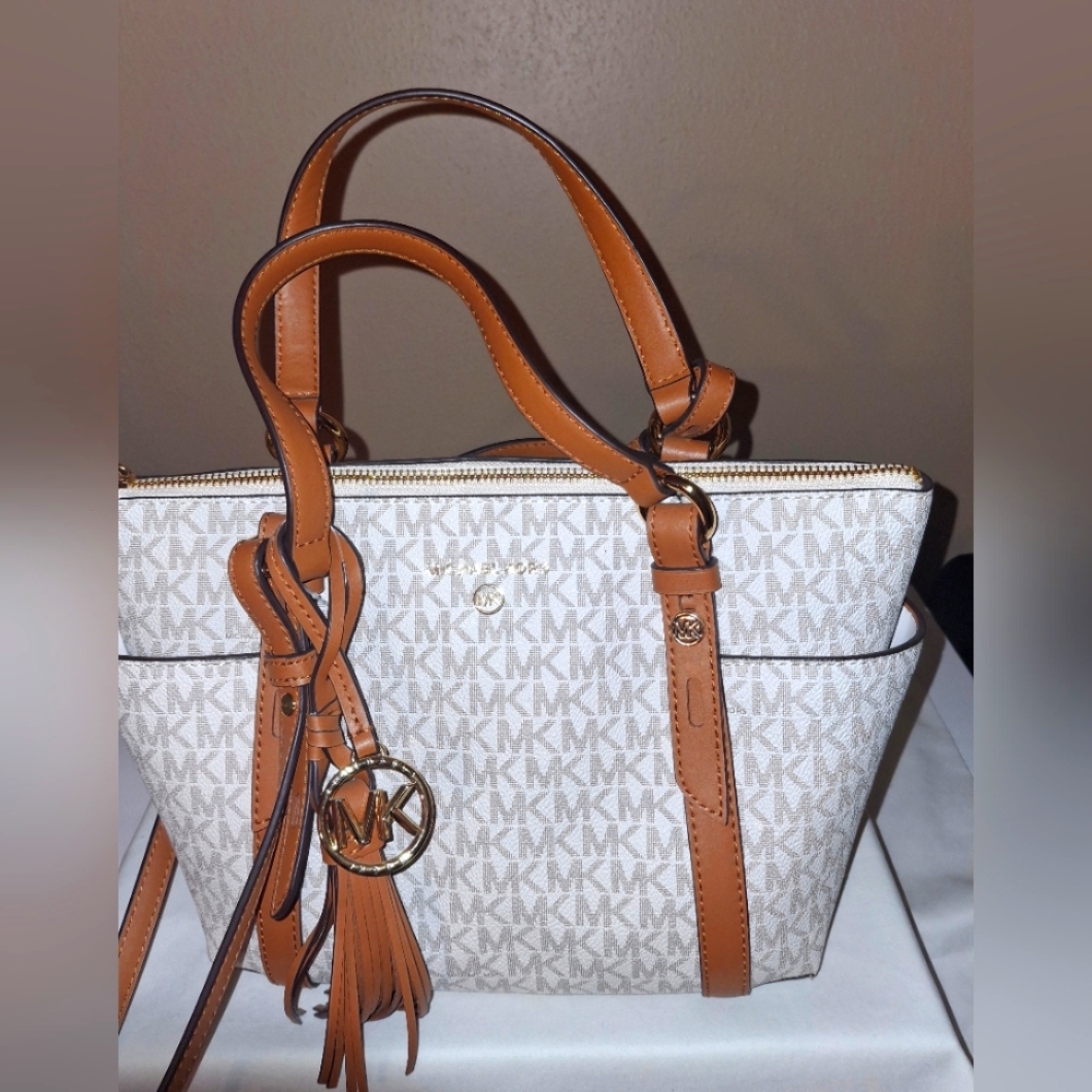 Michael Kors White and Brown Satchel